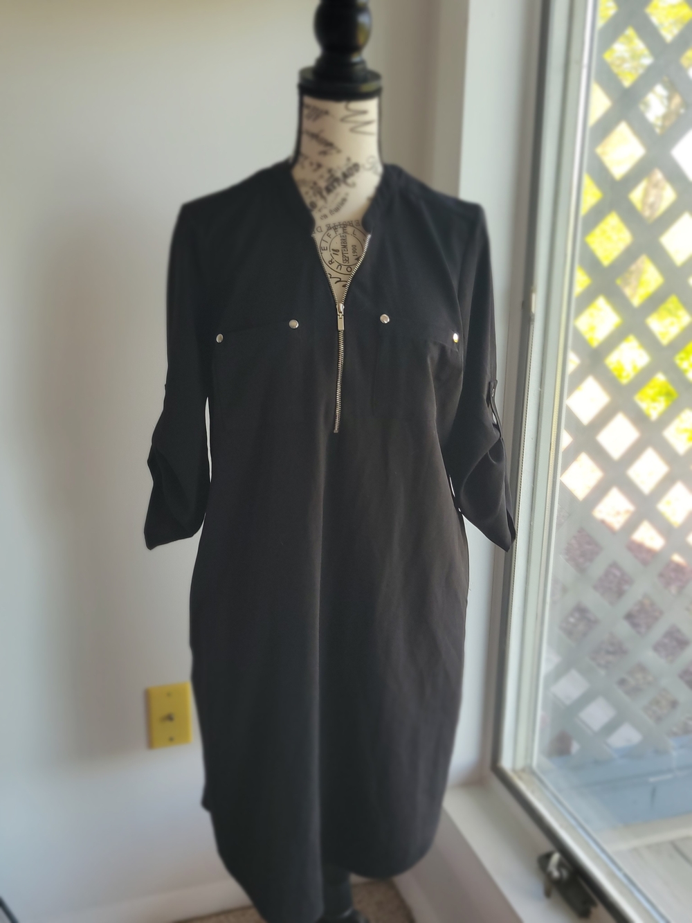 New York & Company Stretch Black Zip-Front 3/4 Sleeve Shirt Dress Sz S